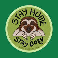 A round green circle with a smiling sloth in the middle, and around them it reads "Stay Home Stay Cozy(con)" in black letters. Faintly at the bottom, it reads "Cozycononline.com"
