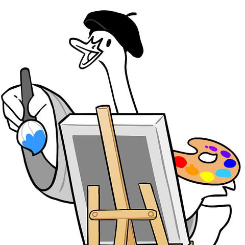 Sixel - Shows a white good wearing a black hat, in front of an easle and canvas, holding a paint brush and paint palette in either wing arm.