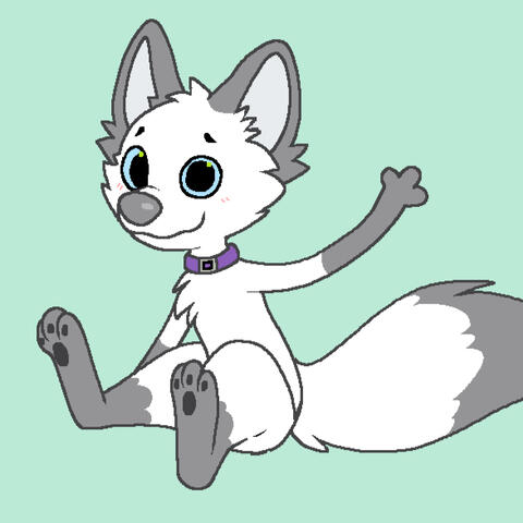 FloofyFox - Shows a noodle armed white fox with grey markings, freen eyes and a nervous smile as they wave to you.