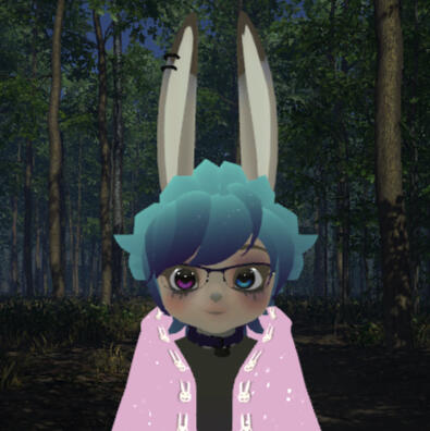 Lilithe Lotor - VRChat avatar screenshot of a short grey rabbit character with blue hair and wearing a pink shawl in front of a forest background.